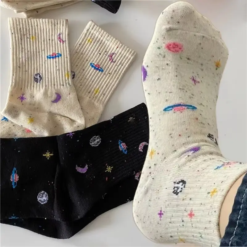 Cute Planet Space Print Socks for Women Spring Autumn Moon Star Cotton Middle Tube Socks Korean Girl Casual Socks