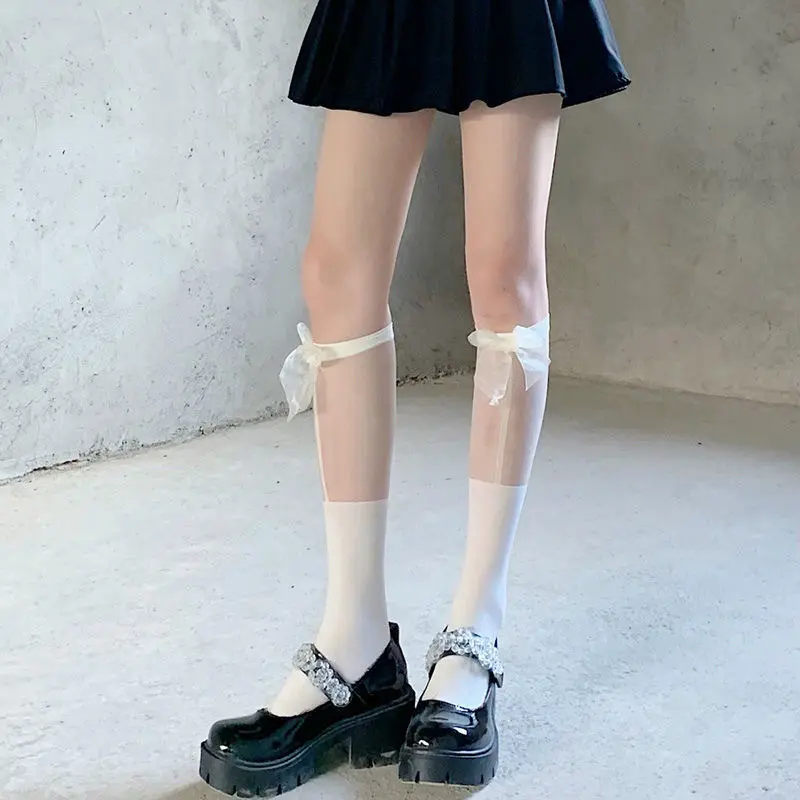 Ribbon Bow Stockings for Women Summer Mesh Transparent Patchwork Calf Socks Lolita Girl Jk Long Socks