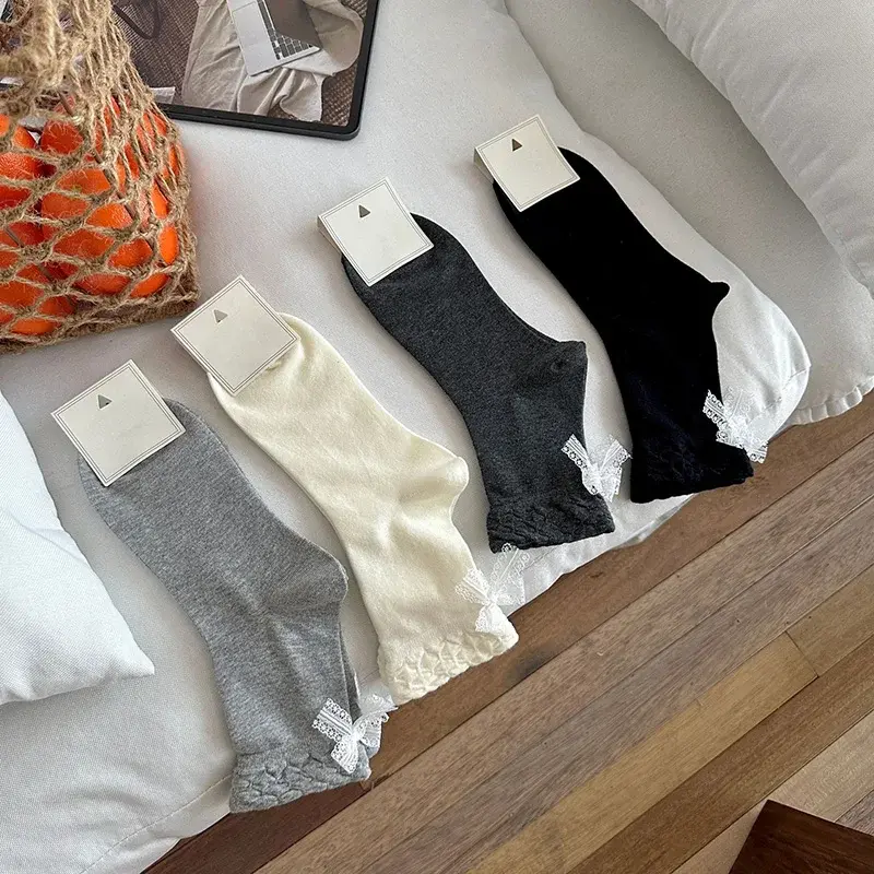 Lace Bow Socks for Women Spring Autumn Cotton Elastic Middle Tube Socks Solid Color Korean Girl Casual Socks