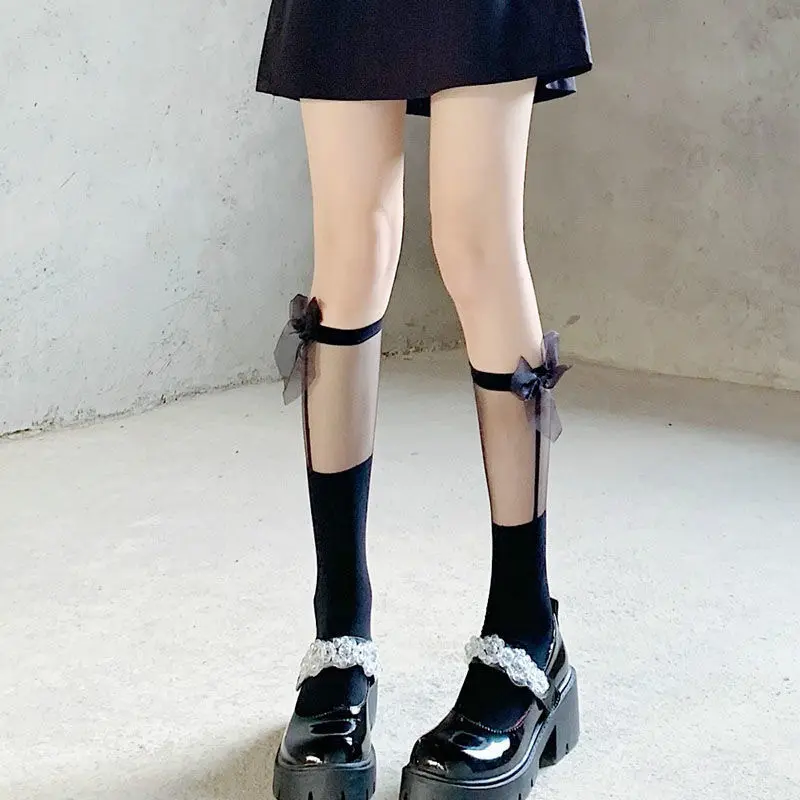 Ribbon Bow Stockings for Women Summer Mesh Transparent Patchwork Calf Socks Lolita Girl Jk Long Socks