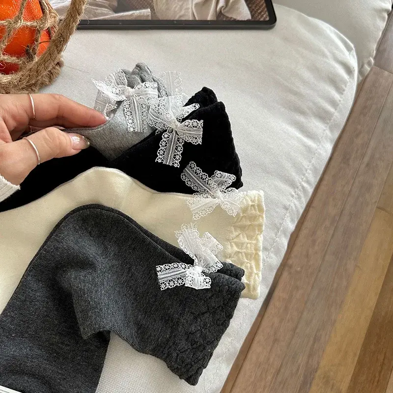 Lace Bow Socks for Women Spring Autumn Cotton Elastic Middle Tube Socks Solid Color Korean Girl Casual Socks