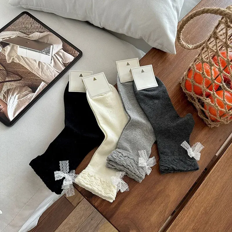 Lace Bow Socks for Women Spring Autumn Cotton Elastic Middle Tube Socks Solid Color Korean Girl Casual Socks