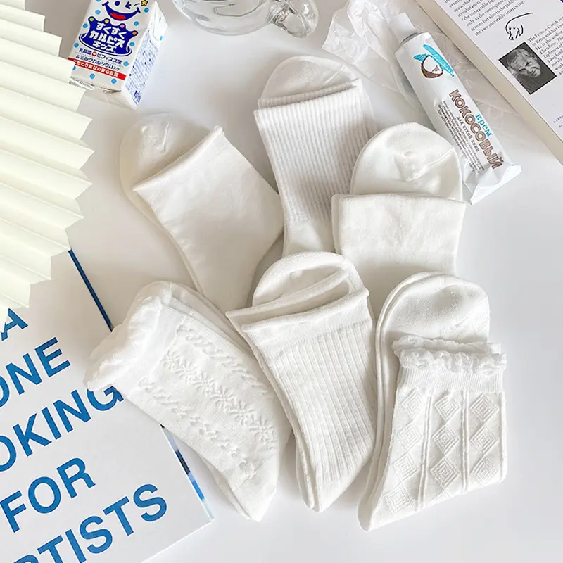 White Cotton Socks Women Cute Japanese JK Sock for Girls Solid Color Ruffle Lolita Princess Socks Female Harajuku Hosiery