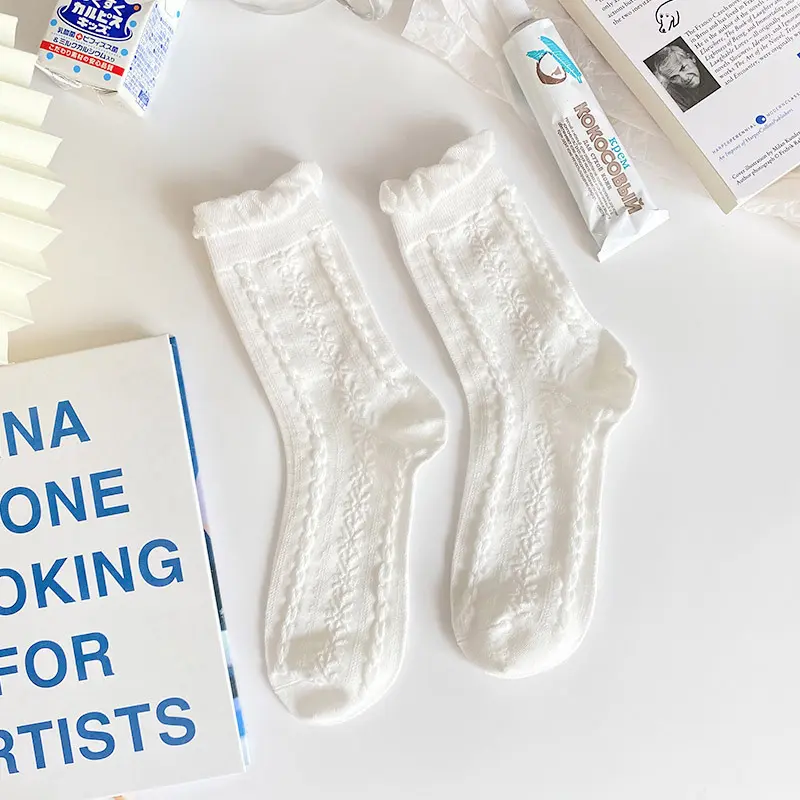 White Cotton Socks Women Cute Japanese JK Sock for Girls Solid Color Ruffle Lolita Princess Socks Female Harajuku Hosiery
