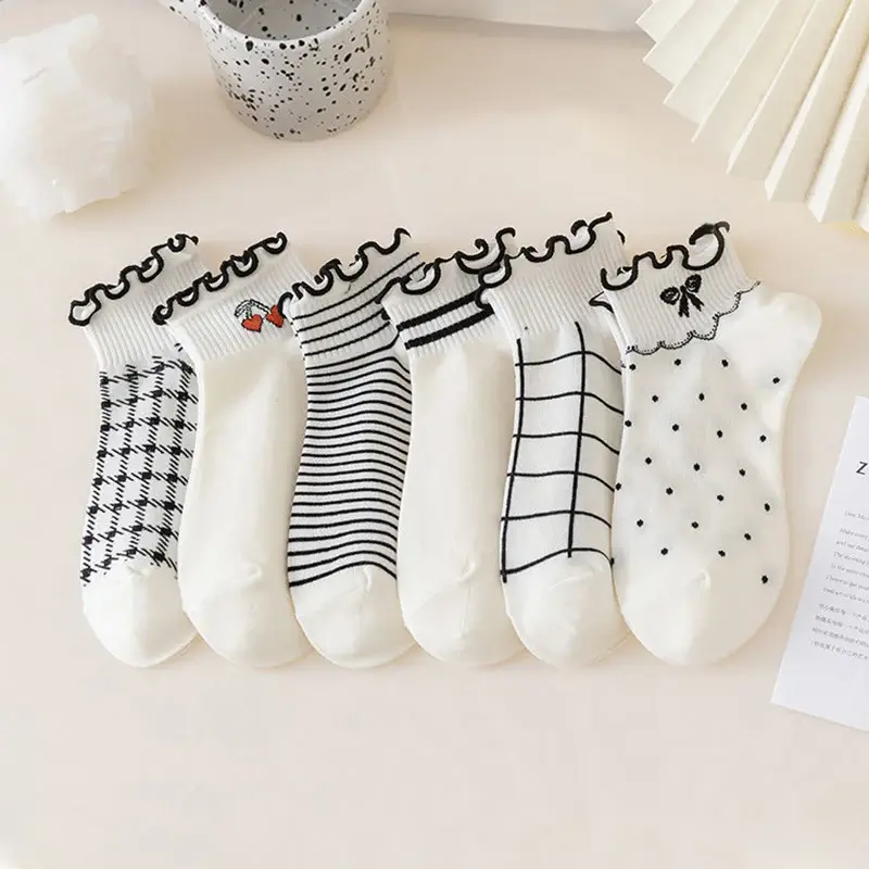 Flower Ruffle Women Socks Cute Bow Dot Stripe Spring Summer Thin Short Socks Harajuku Girl Breathable Ankle Socks
