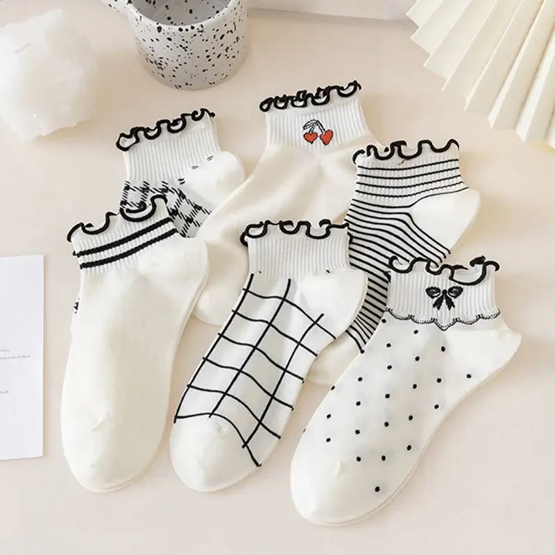 Flower Ruffle Women Socks Cute Bow Dot Stripe Spring Summer Thin Short Socks Harajuku Girl Breathable Ankle Socks