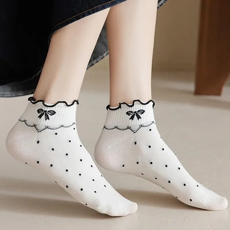 Flower Ruffle Women Socks Cute Bow Dot Stripe Spring Summer Thin Short Socks Harajuku Girl Breathable Ankle Socks