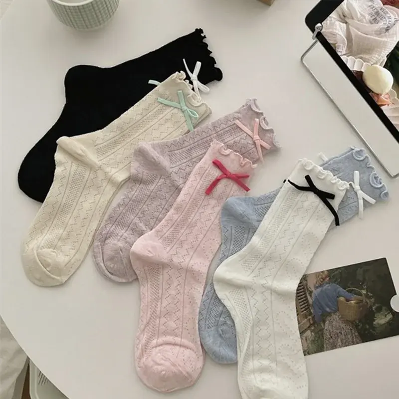 Korean Bow Socks for Women Summer Mesh Breathable Middle Tube Socks Japanese Lolita Girl Solid Color Long Socks