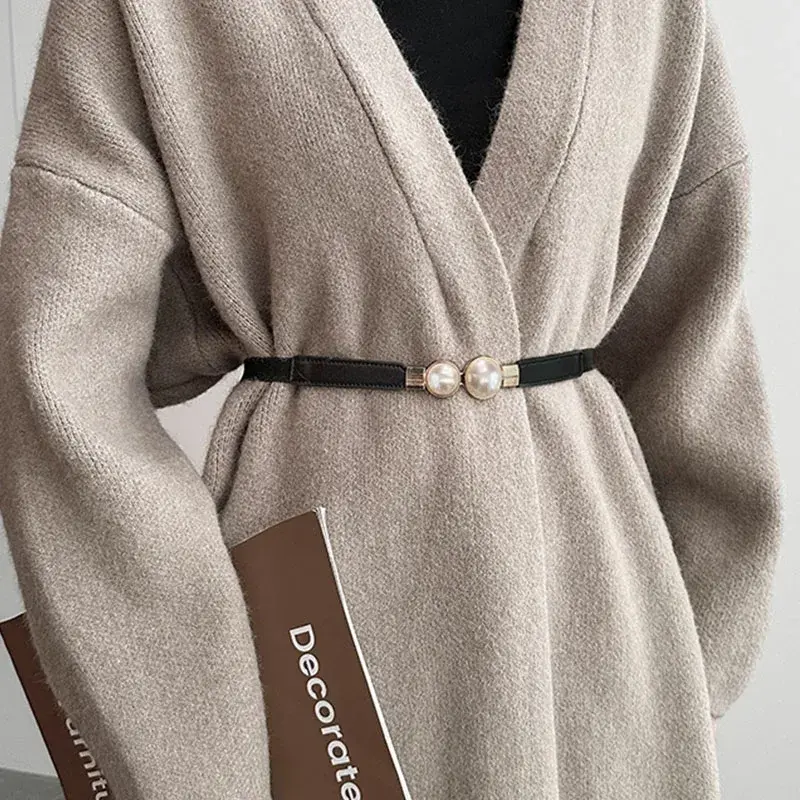 Elegant Pearl Buckle Belts for Women Nylon Elastic Thin Slim Body Waistband Lady Dress Coat Decorative Straps Fashion Accessory