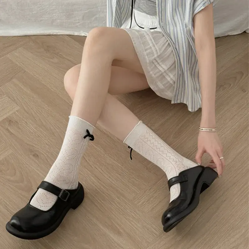 Korean Bow Socks for Women Summer Mesh Breathable Middle Tube Socks Japanese Lolita Girl Solid Color Long Socks
