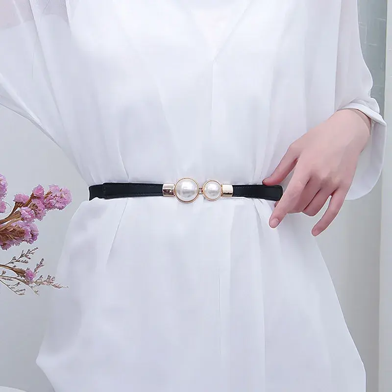Elegant Pearl Buckle Belts for Women Nylon Elastic Thin Slim Body Waistband Lady Dress Coat Decorative Straps Fashion Accessory