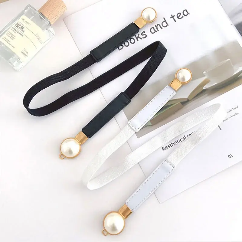 Elegant Pearl Buckle Belts for Women Nylon Elastic Thin Slim Body Waistband Lady Dress Coat Decorative Straps Fashion Accessory