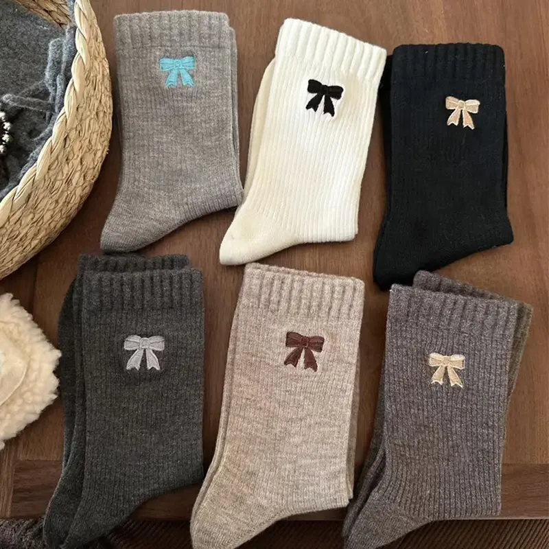 Korean Embroidery Bow Sock for Women Autumn Winter Thick Knitted Warm Middle Tube Socks Solid Color Lady Anti-Cold Socks