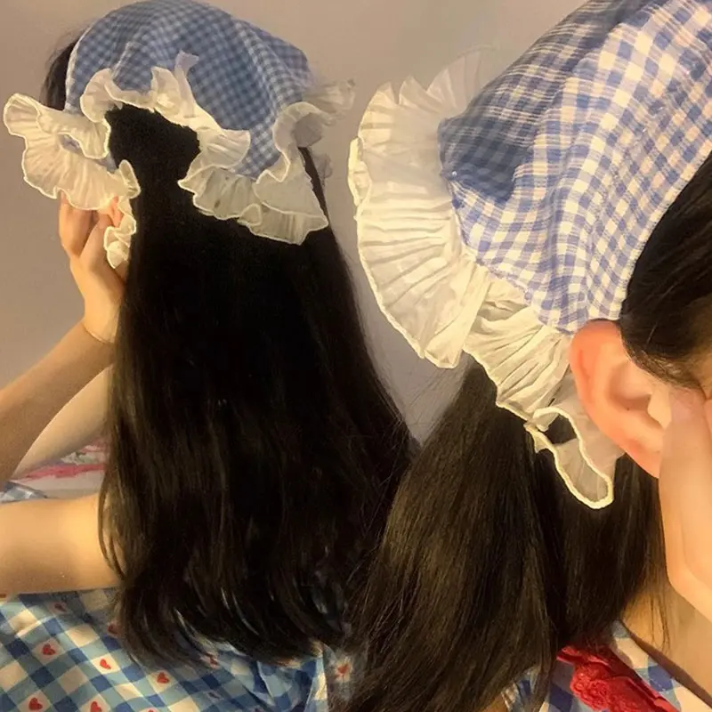 Lace Ruffle Triangle Scarf for Women Sweet Korean Plaid Hair Hoops Blue Red Headband Fashion Hair Accessories for Girl