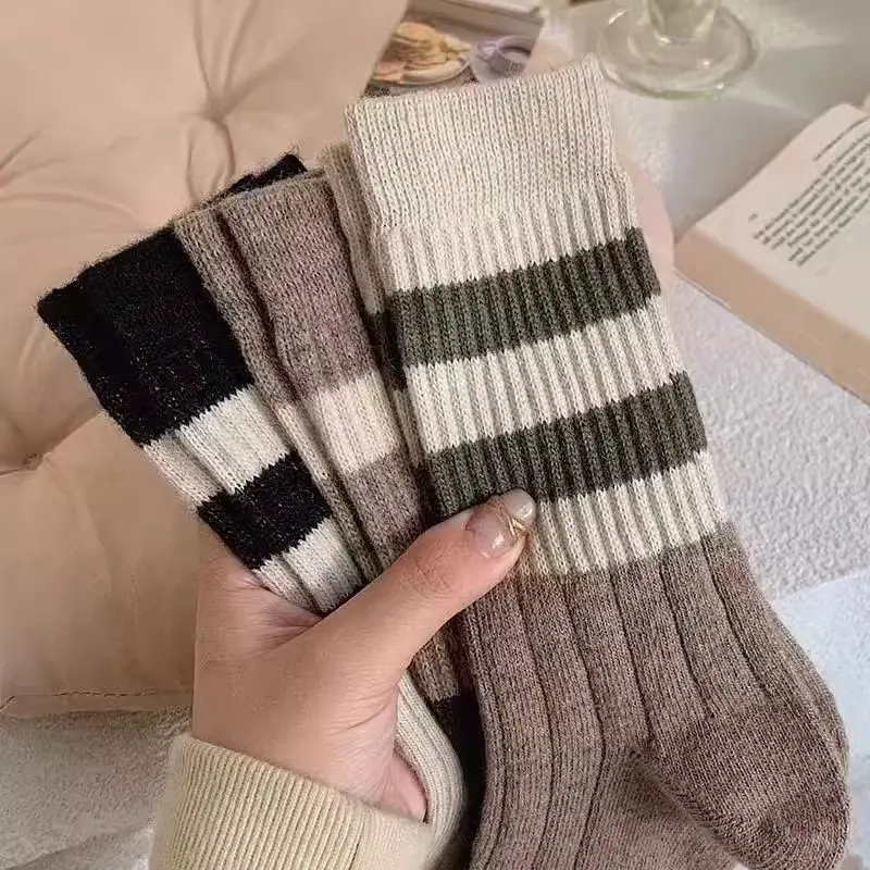 Retro Striped Cotton Socks Women Autumn Winter Thermal Sock Korean Thicken Warm Casual Female Long Socks