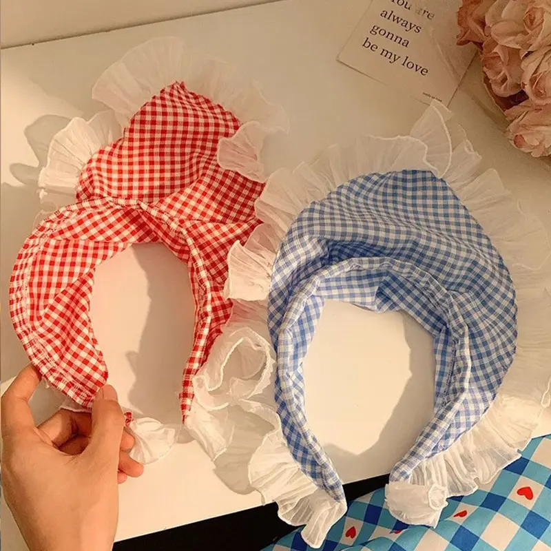 Lace Ruffle Triangle Scarf for Women Sweet Korean Plaid Hair Hoops Blue Red Headband Fashion Hair Accessories for Girl