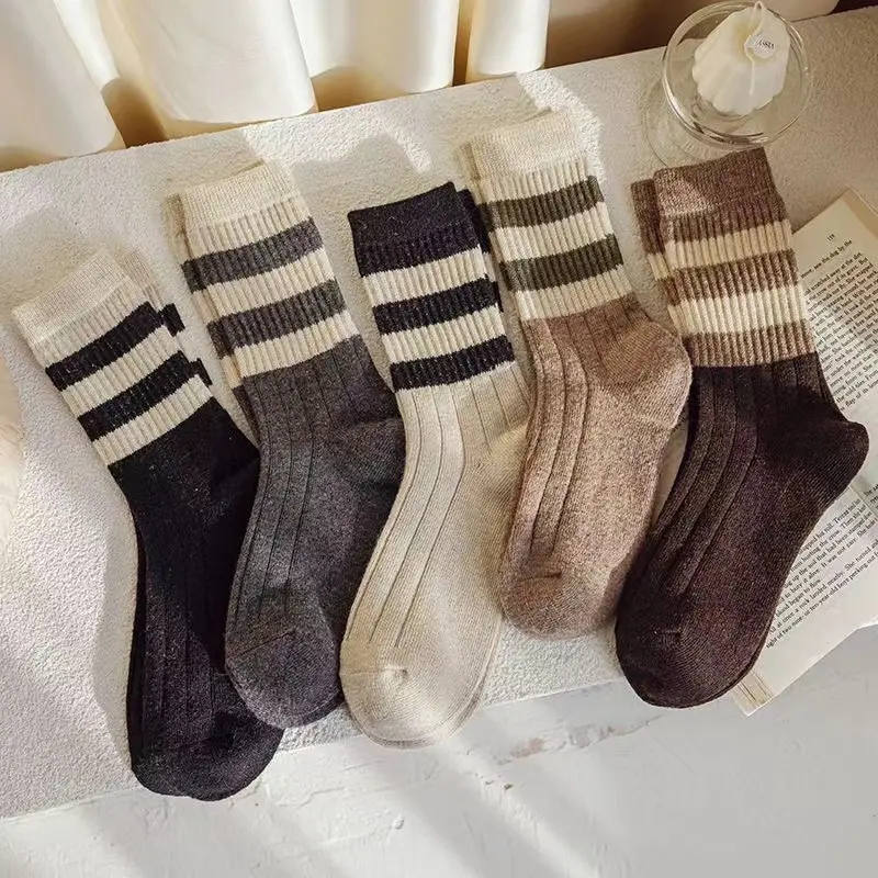Retro Striped Cotton Socks Women Autumn Winter Thermal Sock Korean Thicken Warm Casual Female Long Socks