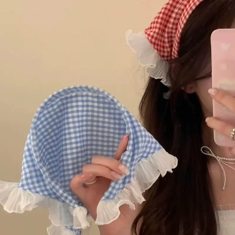 Lace Ruffle Triangle Scarf for Women Sweet Korean Plaid Hair Hoops Blue Red Headband Fashion Hair Accessories for Girl