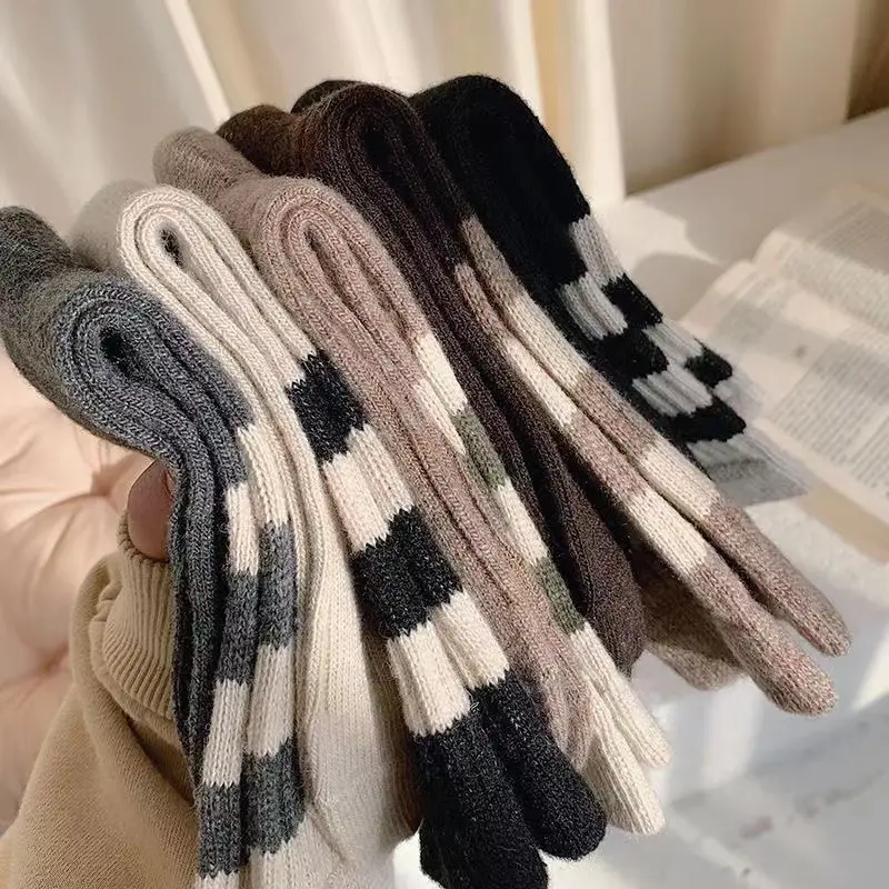Retro Striped Cotton Socks Women Autumn Winter Thermal Sock Korean Thicken Warm Casual Female Long Socks