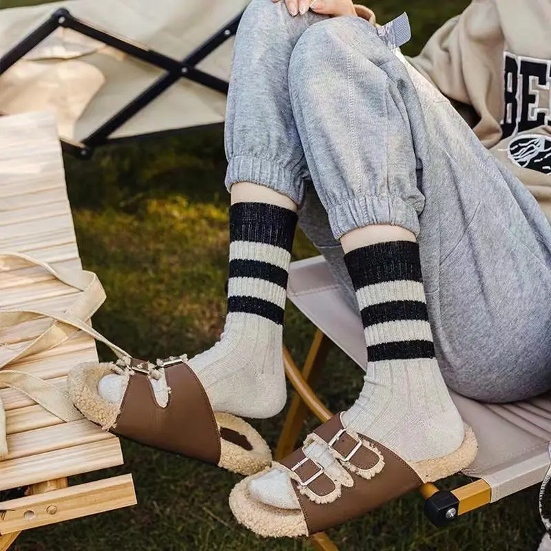 Retro Striped Cotton Socks Women Autumn Winter Thermal Sock Korean Thicken Warm Casual Female Long Socks