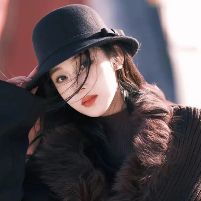 Elegant Bow Fedoras Hats for Women Retro Autumn Winter Woolen Warm Felt Cap Solid Color Dome Lady Basin Caps