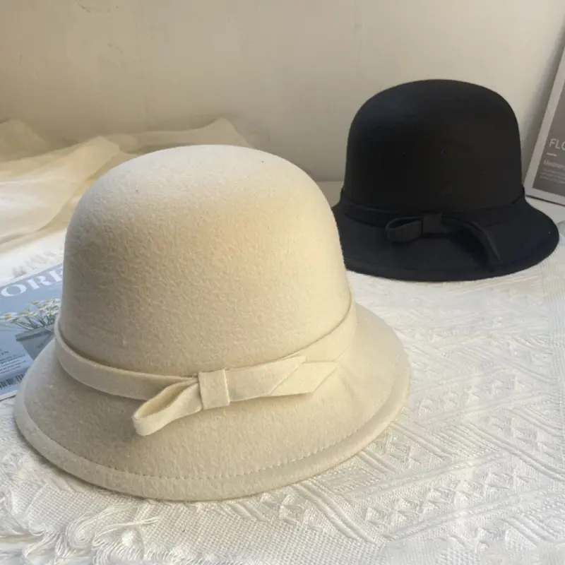 Elegant Bow Fedoras Hats for Women Retro Autumn Winter Woolen Warm Felt Cap Solid Color Dome Lady Basin Caps