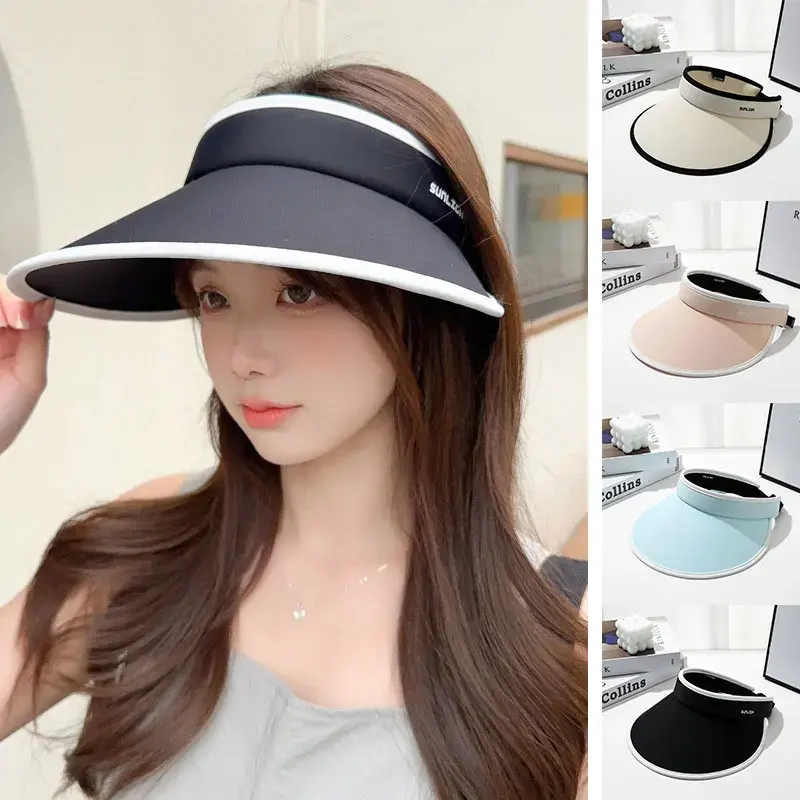 Large Brim Summer Sun Hats for Women Solid Color Empty Top Sunshade Caps Outdoor Beach Lady UV Protection Foldable Hats