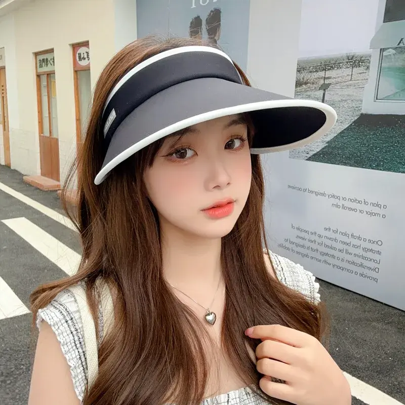 Large Brim Summer Sun Hats for Women Solid Color Empty Top Sunshade Caps Outdoor Beach Lady UV Protection Foldable Hats