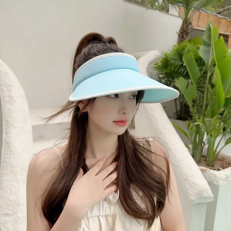 Large Brim Summer Sun Hats for Women Solid Color Empty Top Sunshade Caps Outdoor Beach Lady UV Protection Foldable Hats