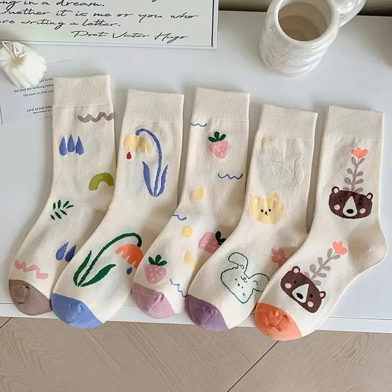 Cute Print Cotton Socks for Women Spring Autumn Sweet Flower Middle Tube Socks Harajuku Girl Ins Socks Sokken