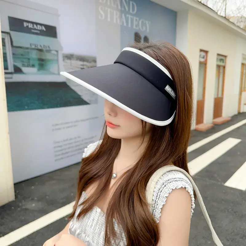 Large Brim Summer Sun Hats for Women Solid Color Empty Top Sunshade Caps Outdoor Beach Lady UV Protection Foldable Hats