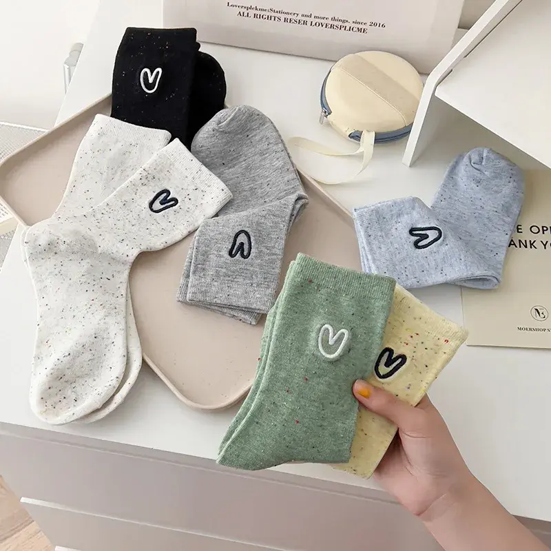 Heart Embroidery Women Socks Spring Summer Soft Cotton Breathable Middle Tube Socks Harajuku Girl Casual Socks Sokken