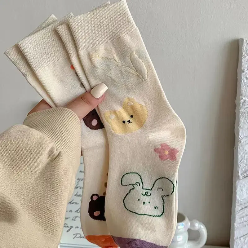 Cute Print Cotton Socks for Women Spring Autumn Sweet Flower Middle Tube Socks Harajuku Girl Ins Socks Sokken
