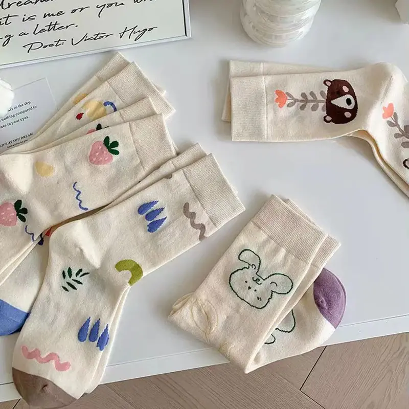 Cute Print Cotton Socks for Women Spring Autumn Sweet Flower Middle Tube Socks Harajuku Girl Ins Socks Sokken