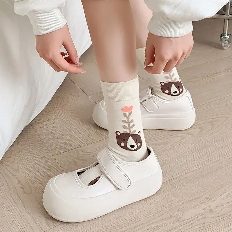 Cute Print Cotton Socks for Women Spring Autumn Sweet Flower Middle Tube Socks Harajuku Girl Ins Socks Sokken