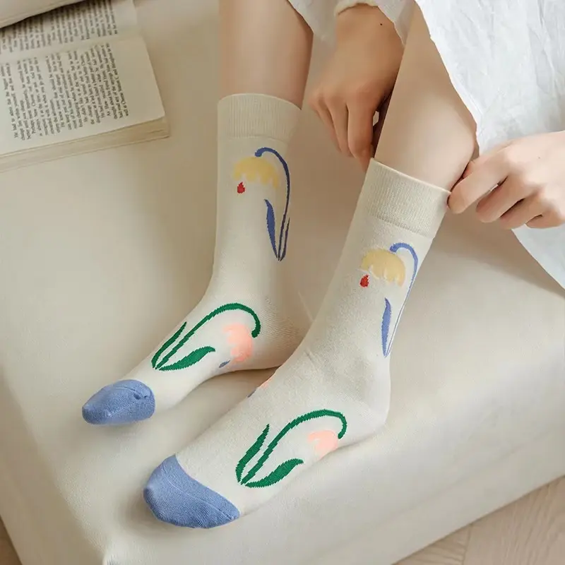 Cute Print Cotton Socks for Women Spring Autumn Sweet Flower Middle Tube Socks Harajuku Girl Ins Socks Sokken