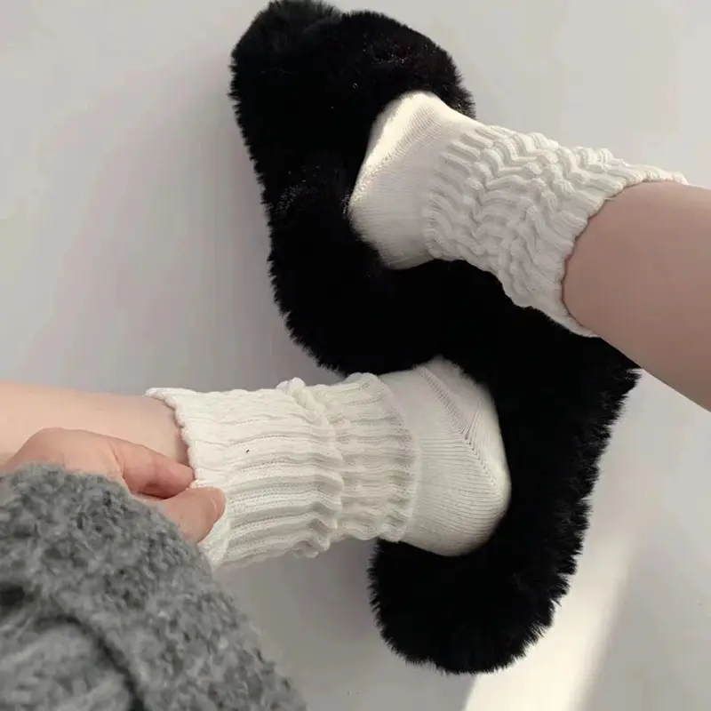 Black White Knitted Long Socks for Women Solid Color Loose Crochet Warm Middle Tube Socks Lolita Girl Cotton Socks