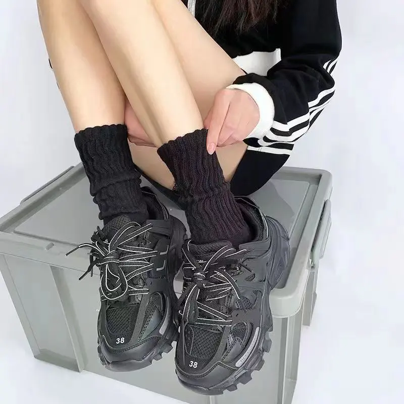 Black White Knitted Long Socks for Women Solid Color Loose Crochet Warm Middle Tube Socks Lolita Girl Cotton Socks