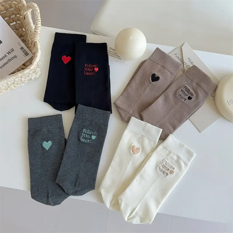 Love Heart Embroidery Socks for Women Spring Summer Thin Breathable Middle Tube Socks Fashion Girl Cotton Socks