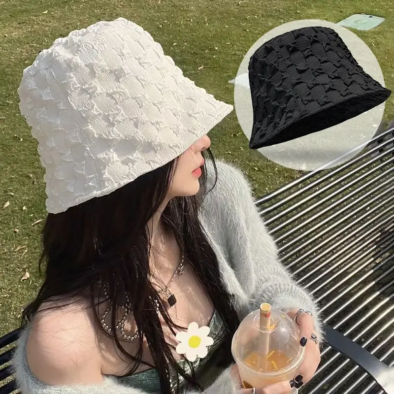 Bubble Plaid Fisherman Caps for Women Summer Wide Brim Outdoor Sunshade Bucket Hats Fashion Girl Solid Color Basin Caps