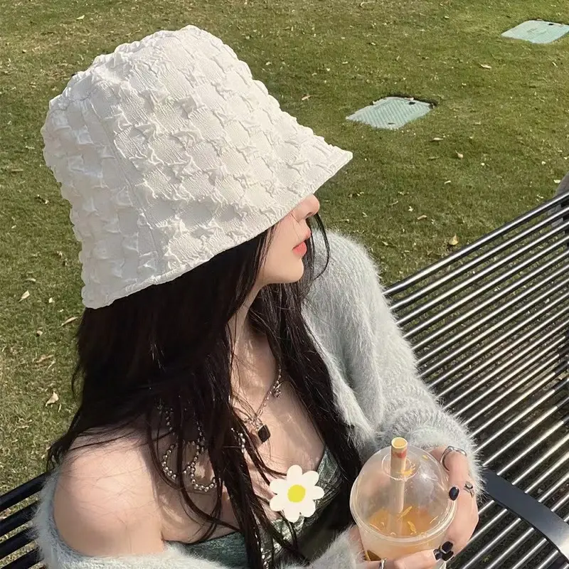 Bubble Plaid Fisherman Caps for Women Summer Wide Brim Outdoor Sunshade Bucket Hats Fashion Girl Solid Color Basin Caps