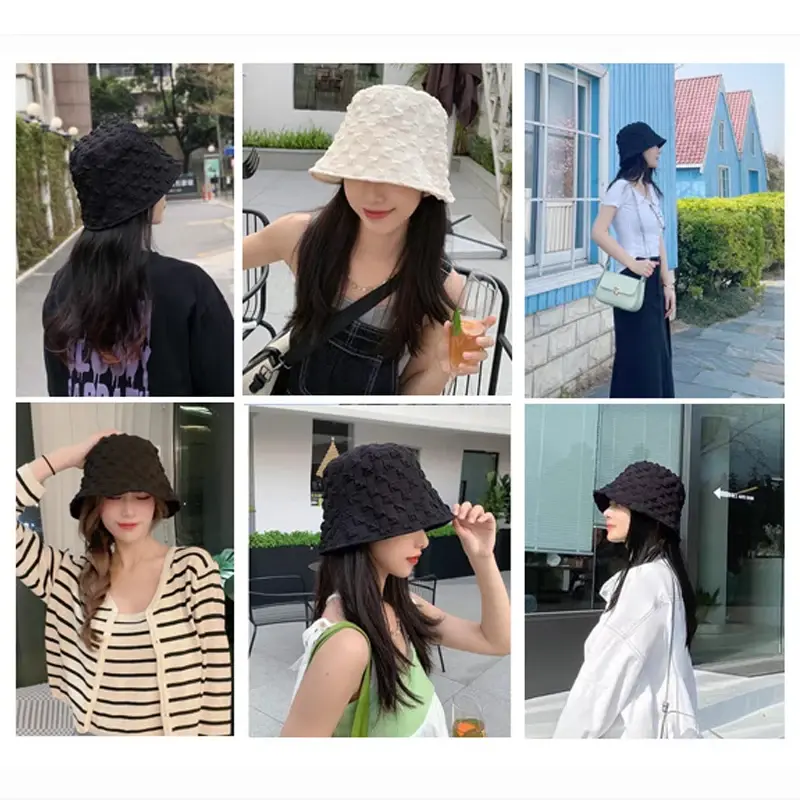 Bubble Plaid Fisherman Caps for Women Summer Wide Brim Outdoor Sunshade Bucket Hats Fashion Girl Solid Color Basin Caps