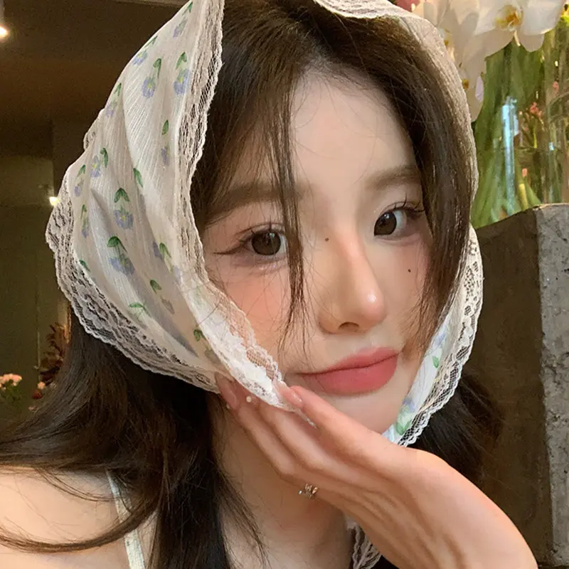 T Lace Flower Print Triangle Headscarf for Women Summer Thin Square Scarf Headband Sweet Girl Turban Caps Headwear