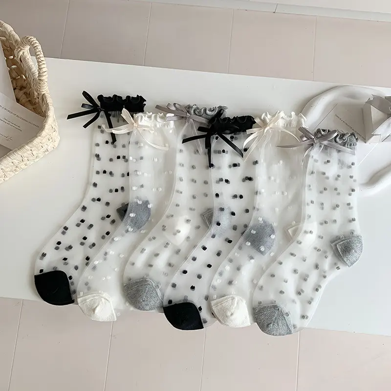 Cute Dot Bow Summer Socks for Girl Mesh Breathable Glass Silk Thin Stockings Japanese Girl Lolita Bowknot Calf Socks