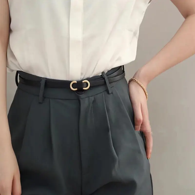 Metal Buckle Nonporous Belts for Women Fashion PU Leather Knotted Long Thin Waistband Adjustable Dress Coat Decorative Straps
