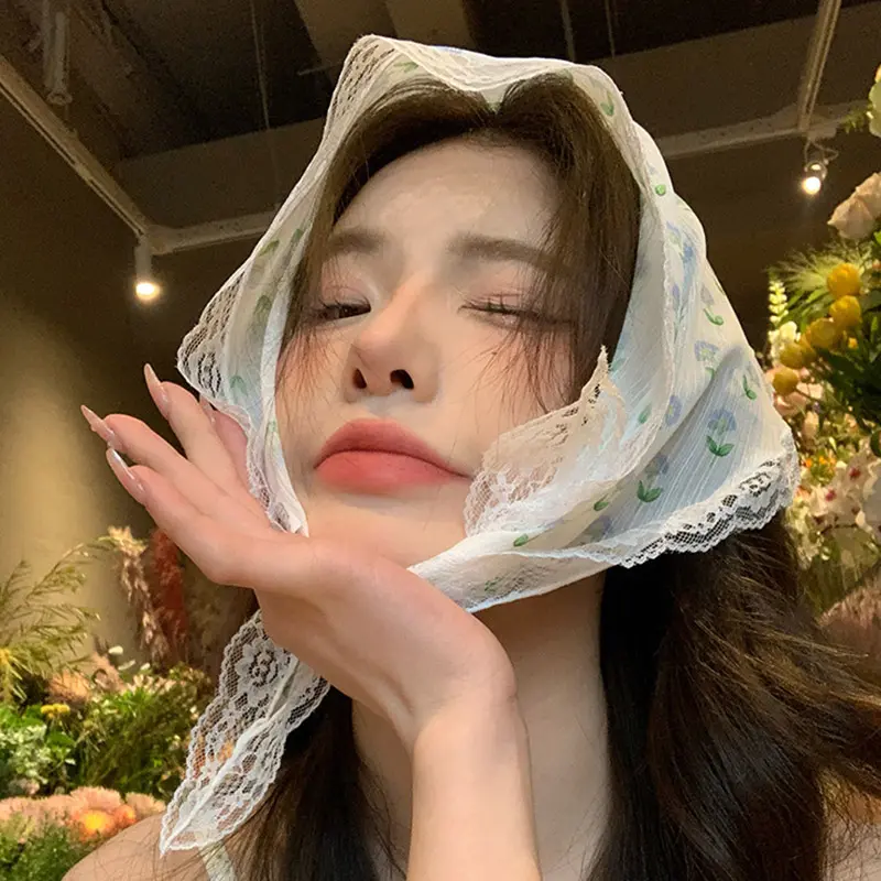 T Lace Flower Print Triangle Headscarf for Women Summer Thin Square Scarf Headband Sweet Girl Turban Caps Headwear