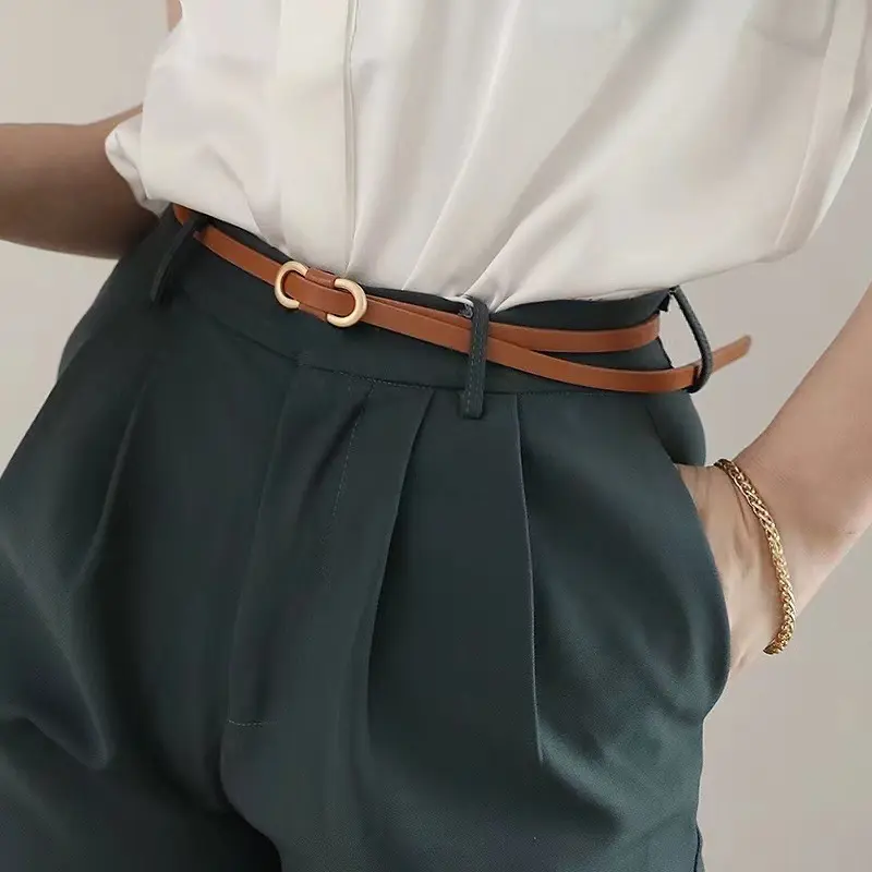 Metal Buckle Nonporous Belts for Women Fashion PU Leather Knotted Long Thin Waistband Adjustable Dress Coat Decorative Straps