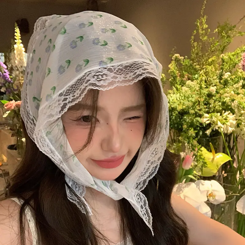 T Lace Flower Print Triangle Headscarf for Women Summer Thin Square Scarf Headband Sweet Girl Turban Caps Headwear