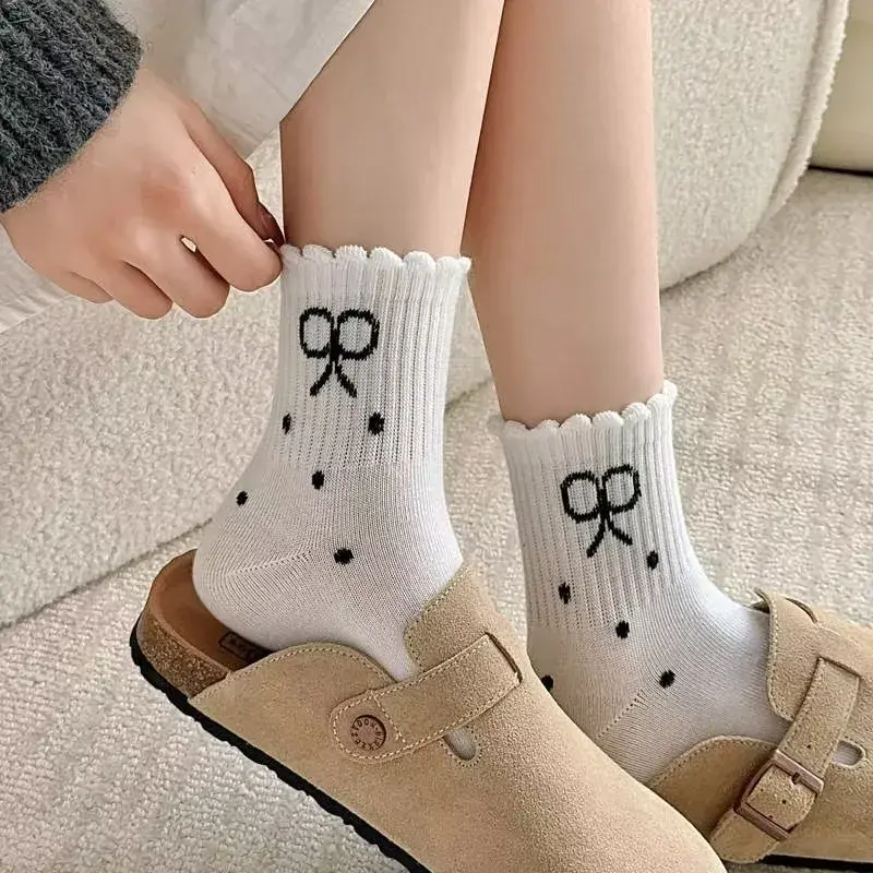Cute Dot Bow Socks for Women Spring Summer Cotton Breathable Middle Tube Socks Korean Girl Ruffle Princess Socks