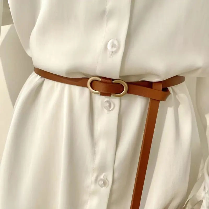 Metal Buckle Nonporous Belts for Women Fashion PU Leather Knotted Long Thin Waistband Adjustable Dress Coat Decorative Straps